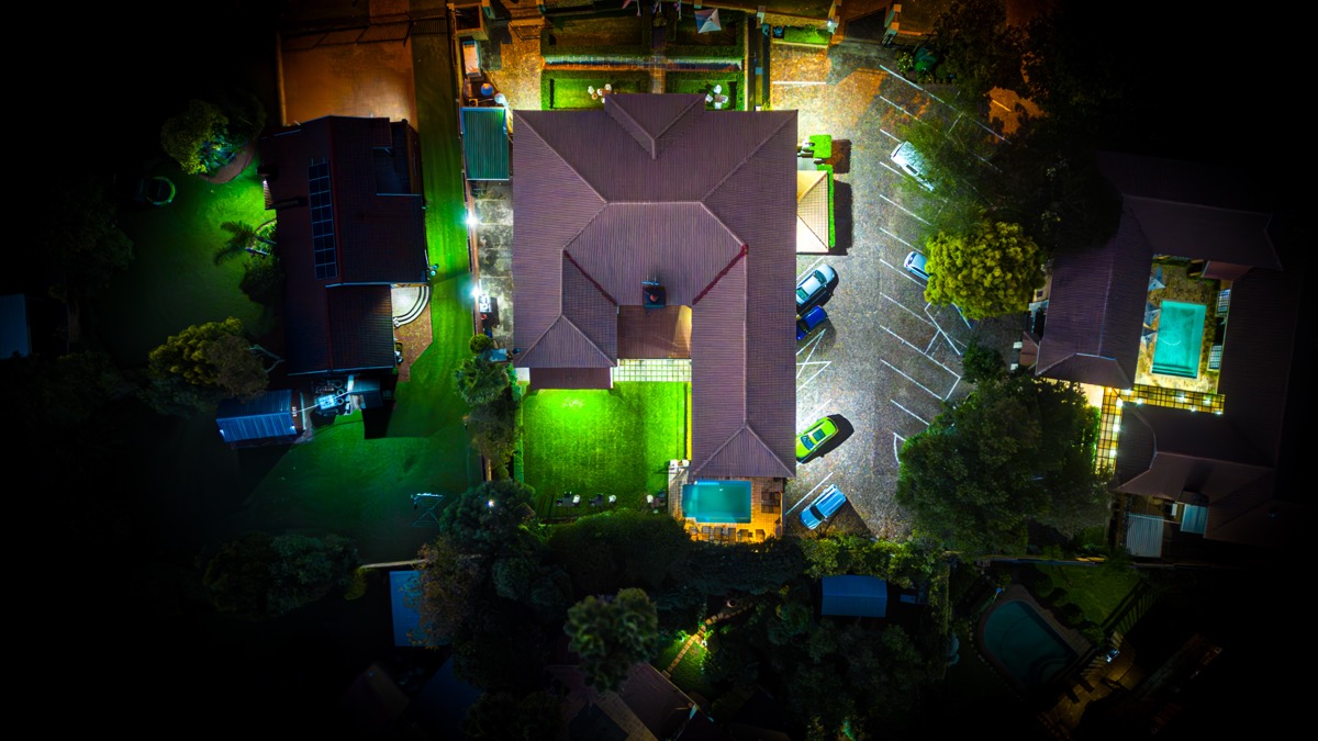Night aerial view of luxury resort infrastructure